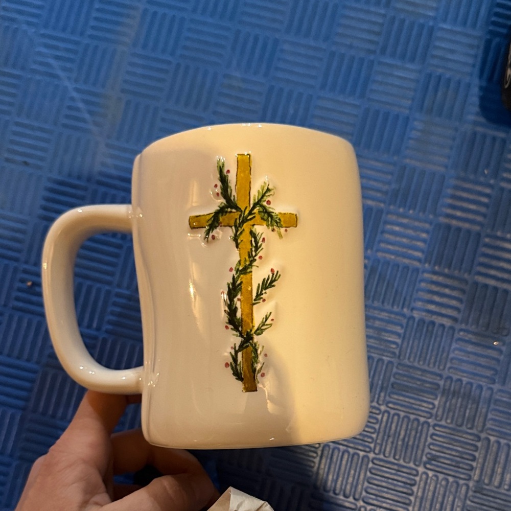 Rae Dunn White Mug with Gold Cross Design